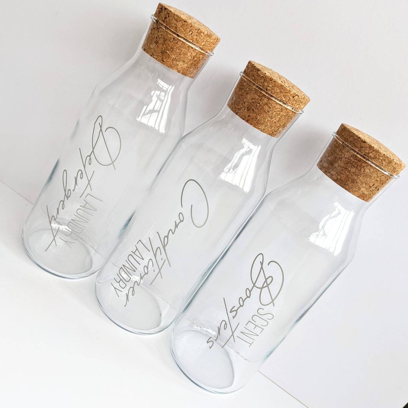 Personalised Laundry Bottles | New Year's Resolution | Laundry Organisation |Glass Storage Cork Bottles for Detergent & Conditioner