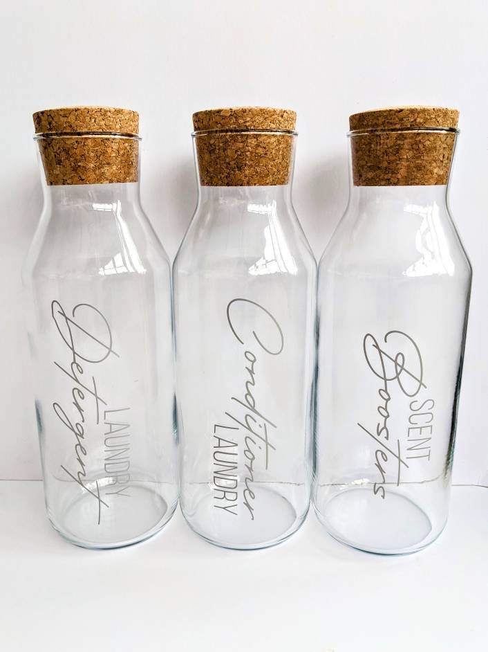 Personalised Laundry Bottles | New Year's Resolution | Laundry Organisation |Glass Storage Cork Bottles for Detergent & Conditioner