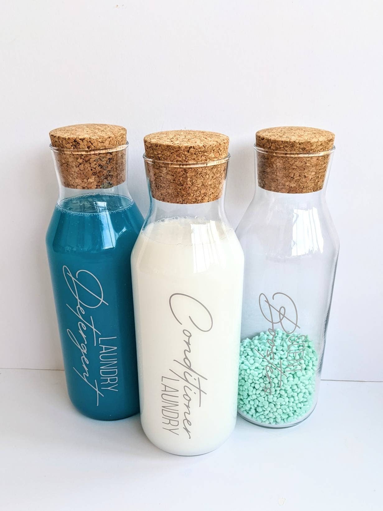 Personalised Laundry Bottles | New Year's Resolution | Laundry Organisation |Glass Storage Cork Bottles for Detergent & Conditioner