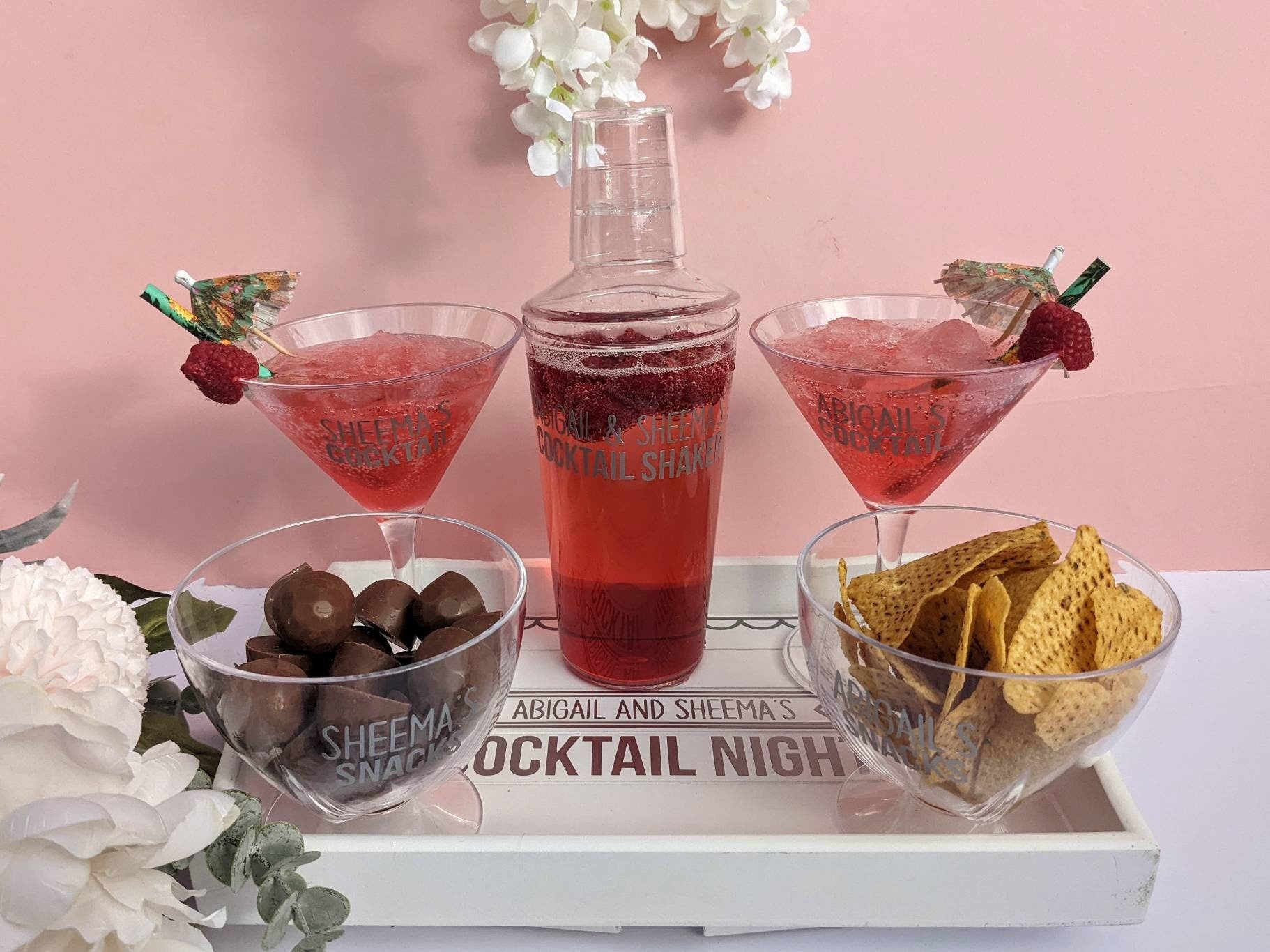 Personalised Cocktail Night Tray | Cocktail Glasses and Snack Gift Set | Girls Night In | Sofa Arm Tray | Cocktail Lover | BFF Friend Gift