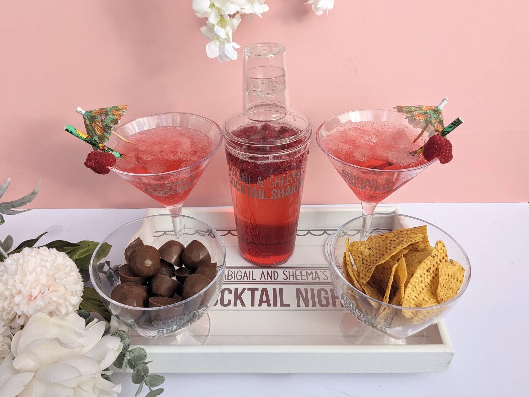 Personalised Cocktail Night Tray | Cocktail Glasses and Snack Gift Set | Girls Night In | Sofa Arm Tray | Cocktail Lover | BFF Friend Gift