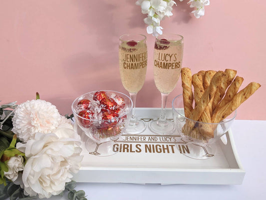 Personalised Girls Night Tray | Champagne Glasses and Snack Gift Set | Girls Night In | Sofa Arm Tray | Prosecco Lover | BFF Friend Gift