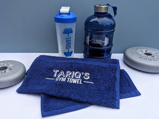 Personalised Blue Protein Shaker Set | New Year's Resolution | Gym Lover Gift | Gym Towel | Drinks Bottle | Fitness Freak | Healthy Shakes