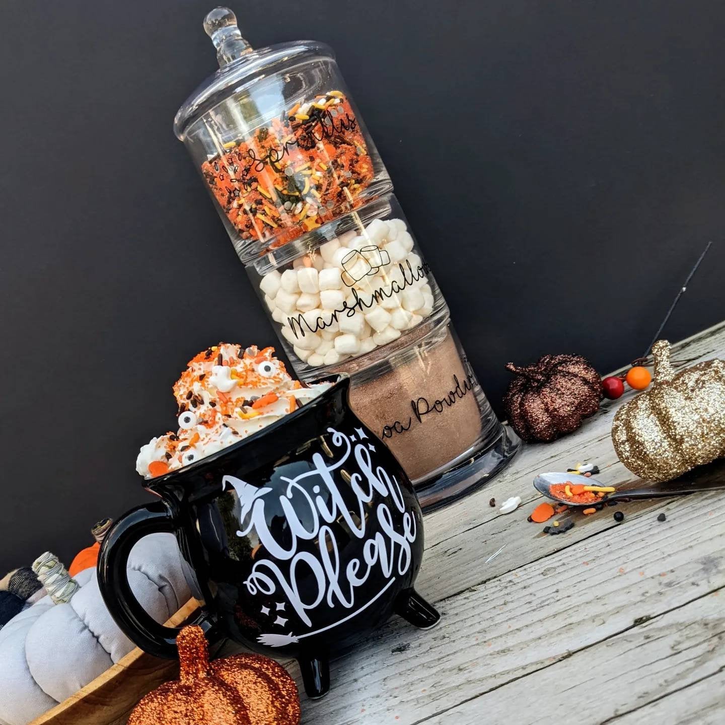 Hot Chocolate Station |  Family Easter Gift | Personalised Xmas  Gift | Stacking Glass Kitchen Jars | Custom Labels | Couples Gift | Home