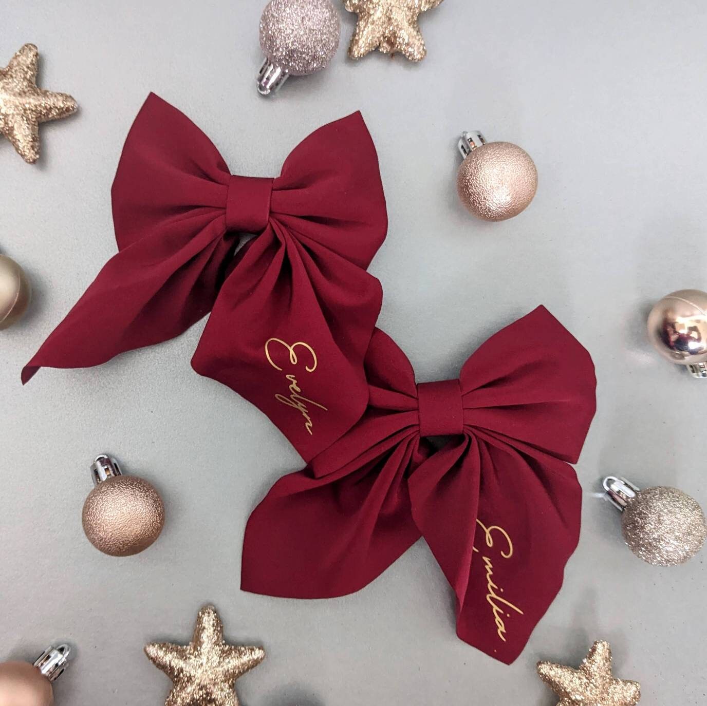 Personalised Luxury Red Satin Hair Bow | Christmas Photoshoot Accessory | Christmas Day Outfit | Kids Hair Accessories | Girls Xmas Hair Bow