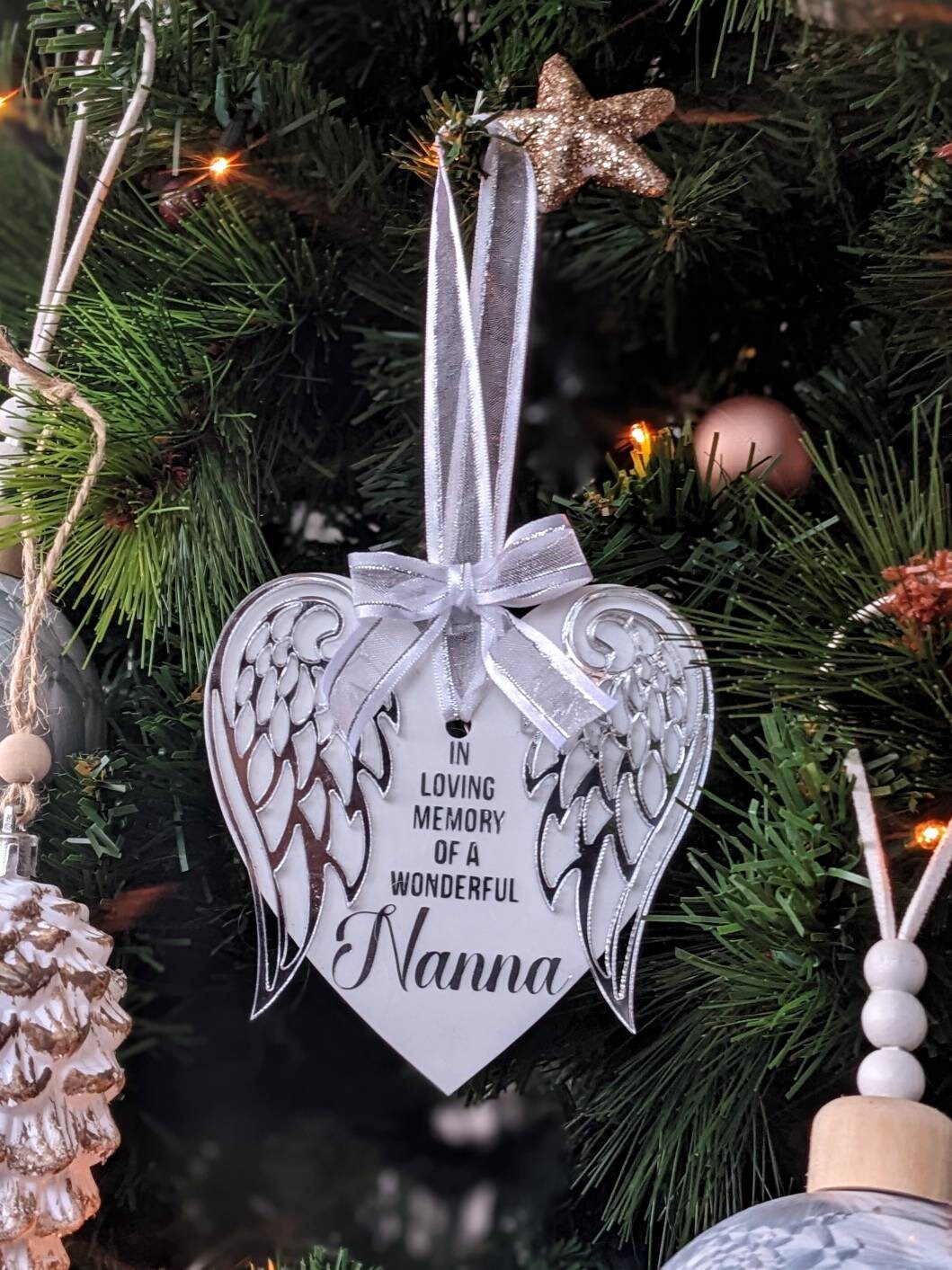 Personalised Christmas Angel Heart Tree Decoration | Feather Tree Ornament | In loving Memory | Personalised Gift | Rememberance Bauble