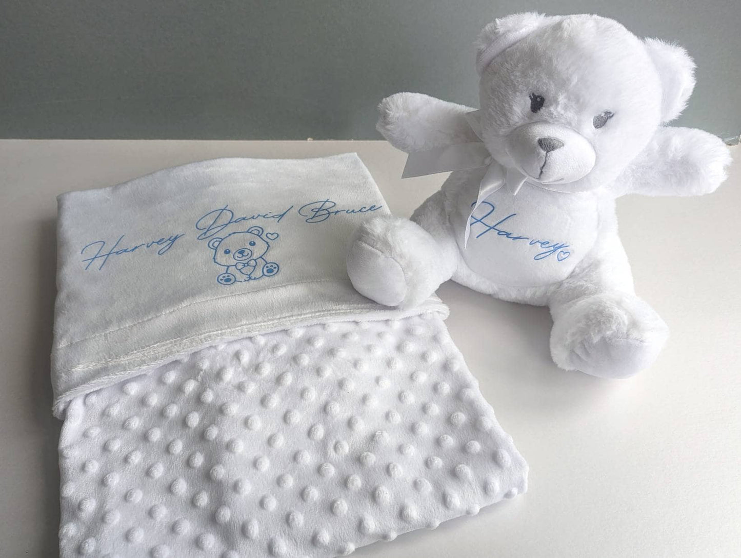 Personalised White Baby Boy Girl Teddy Blanket | Newborn Gift | Nursery Decor | Name Reveal | New Baby | Hospital Bag | Hello World |New Mum