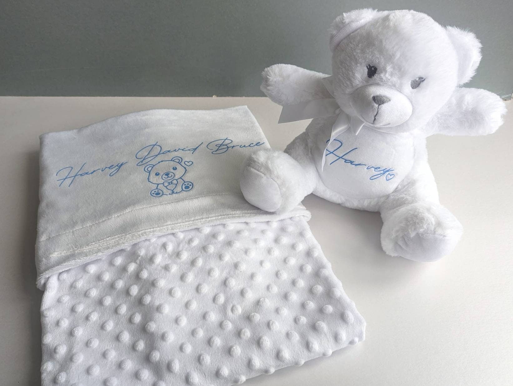 Personalised Blue Baby Boy Teddy Blanket | Newborn Gift | Nursery Decor | Name Reveal | New Baby Boy | Hospital Bag | Hello World |New Mum