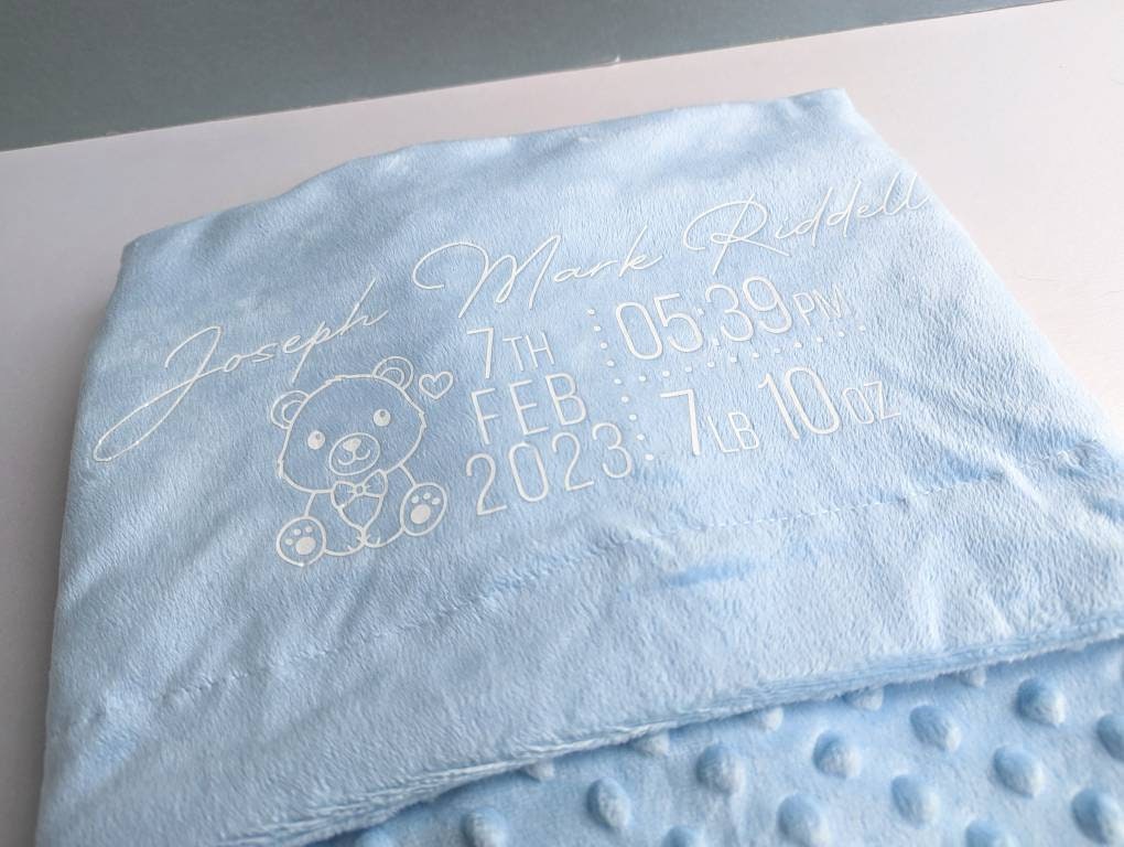 Personalised Blue Baby Boy Teddy Blanket | Newborn Gift | Nursery Decor | Name Reveal | New Baby Boy | Hospital Bag | Hello World |New Mum