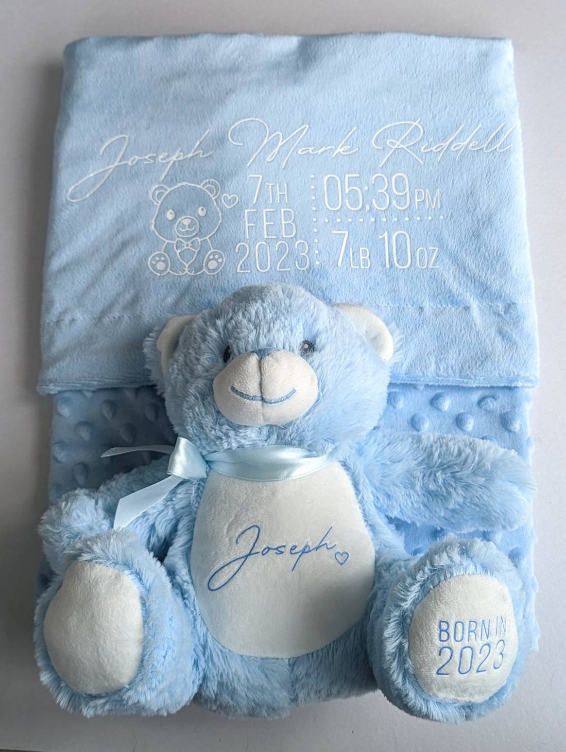 Personalised Blue Baby Boy Teddy Blanket | Newborn Gift | Nursery Decor | Name Reveal | New Baby Boy | Hospital Bag | Hello World |New Mum