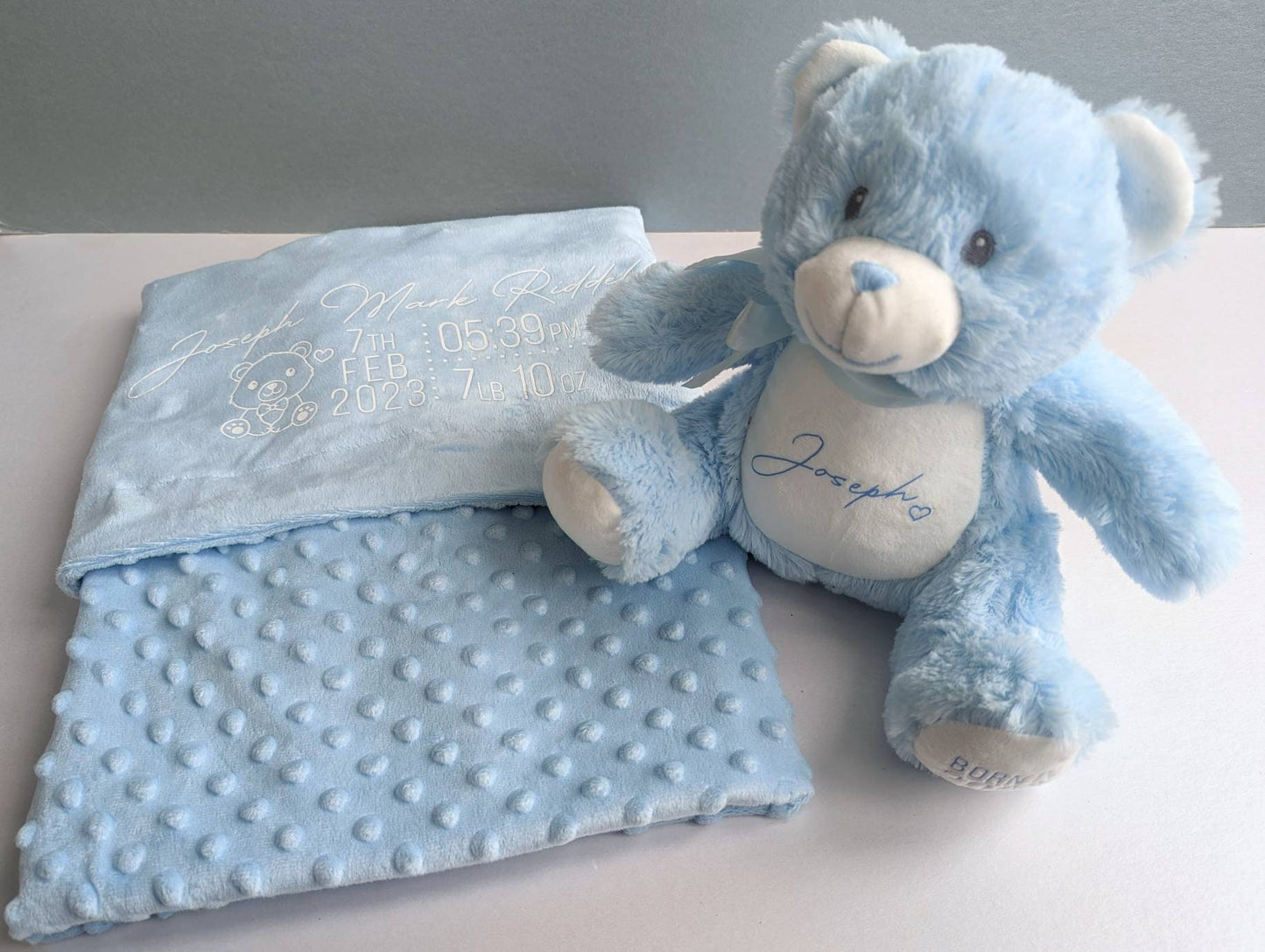 Personalised Blue Baby Boy Teddy Blanket | Newborn Gift | Nursery Decor | Name Reveal | New Baby Boy | Hospital Bag | Hello World |New Mum