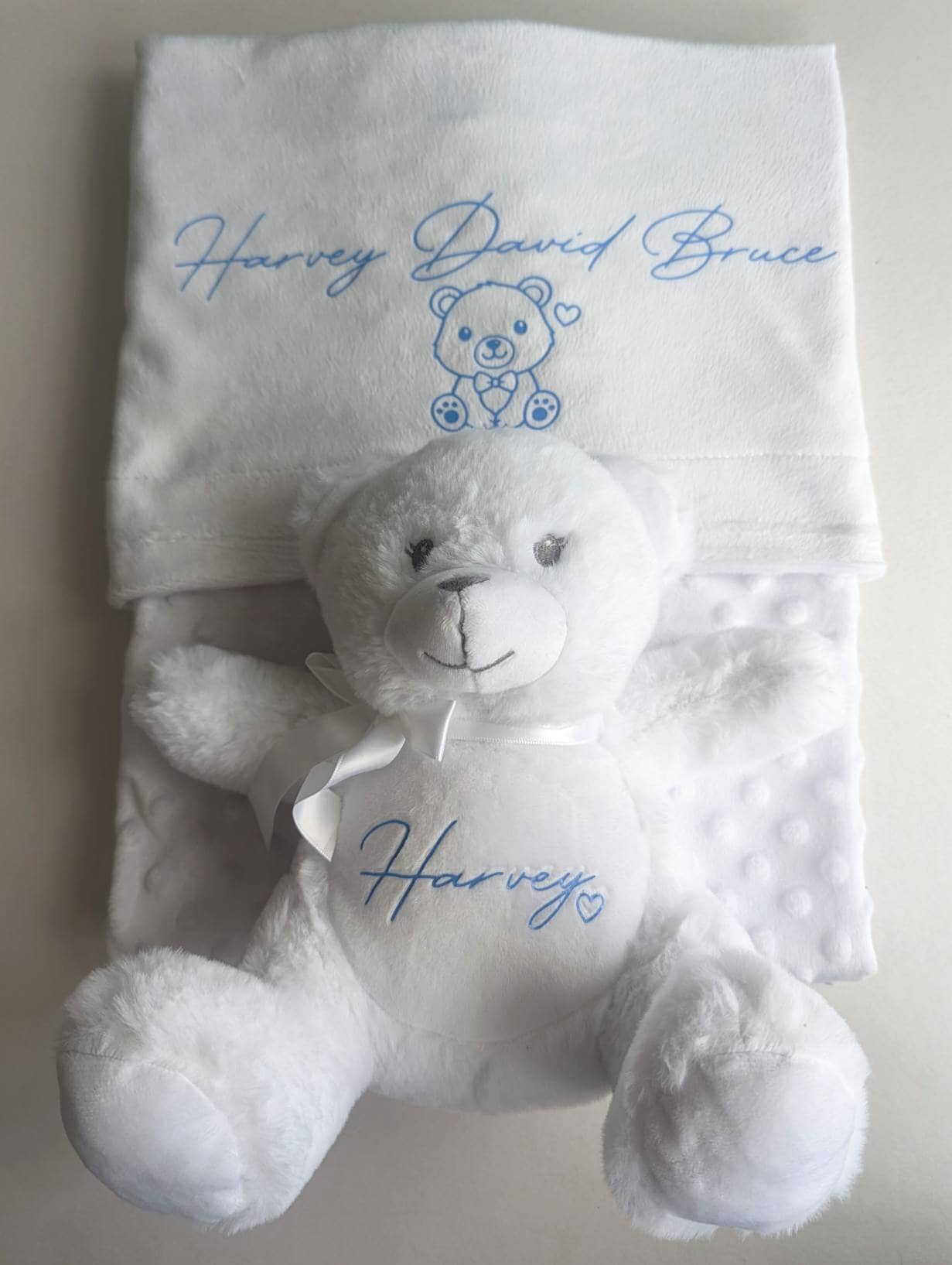 Personalised White Baby Boy Girl Teddy Blanket | Newborn Gift | Nursery Decor | Name Reveal | New Baby | Hospital Bag | Hello World |New Mum