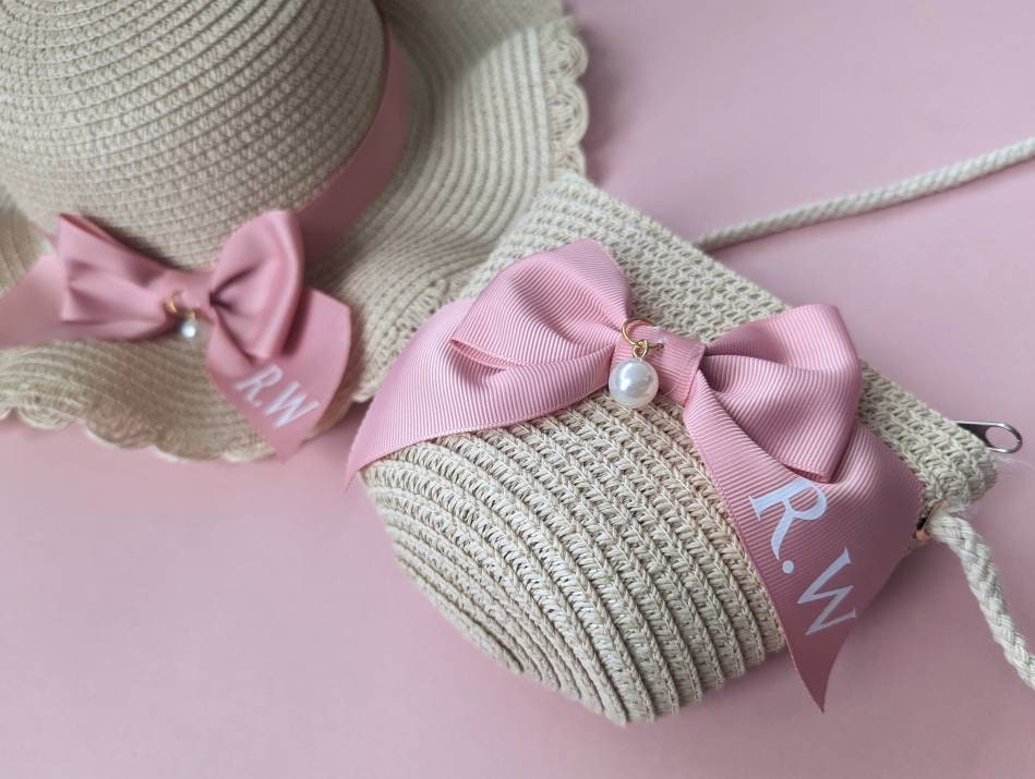 Personalised Girls Straw Sun Hat and Bag Set | Summer Kids Fashion | Age 2-6 | Monogramed Pink Ribbon Hat | Toddler/ Child Holiday Essential