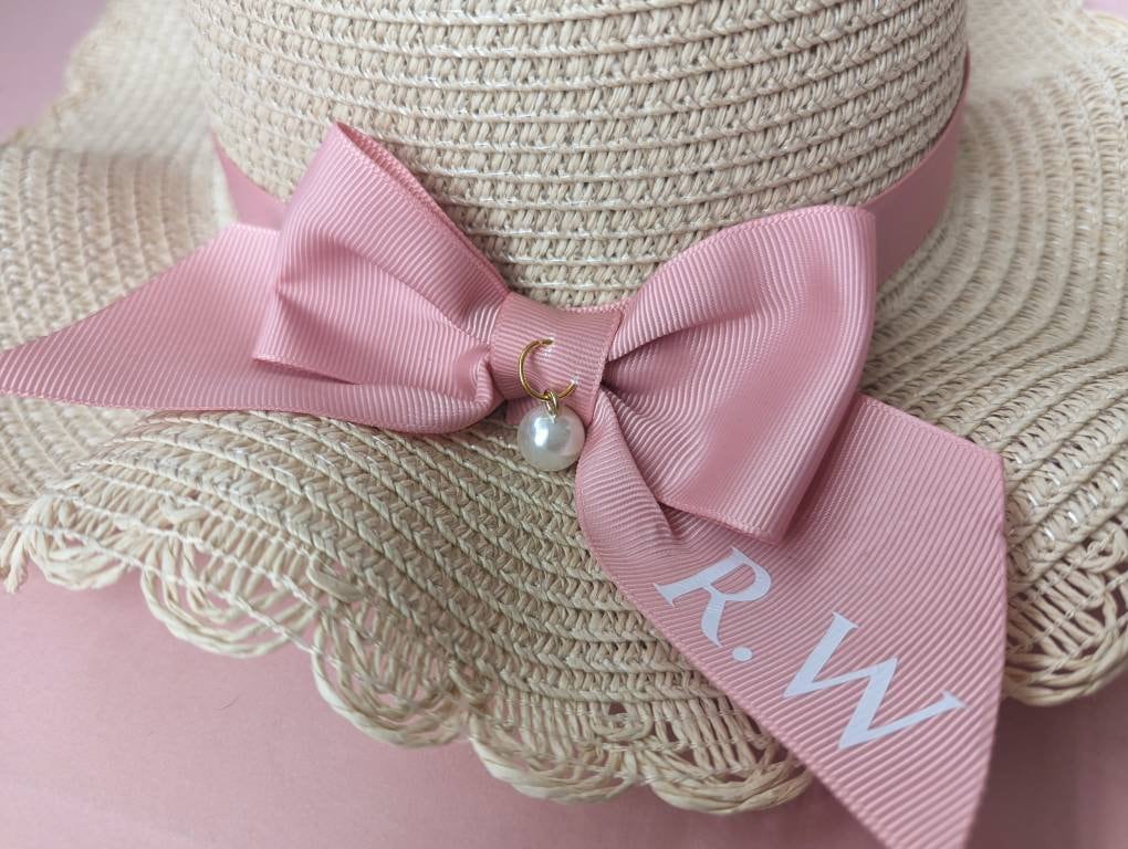 Personalised Girls Straw Sun Hat and Bag Set | Summer Kids Fashion | Age 2-6 | Monogramed Pink Ribbon Hat | Toddler/ Child Holiday Essential