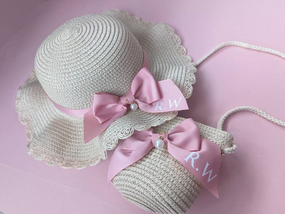 Personalised Girls Straw Sun Hat and Bag Set | Summer Kids Fashion | Age 2-6 | Monogramed Pink Ribbon Hat | Toddler/ Child Holiday Essential