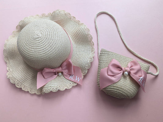 Personalised Girls Straw Sun Hat and Bag Set | Summer Kids Fashion | Age 2-6 | Monogramed Pink Ribbon Hat | Toddler/ Child Holiday Essential