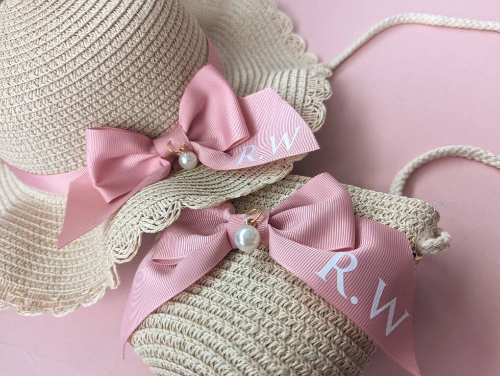 Personalised Girls Straw Sun Hat and Bag Set | Summer Kids Fashion | Age 2-6 | Monogramed Pink Ribbon Hat | Toddler/ Child Holiday Essential