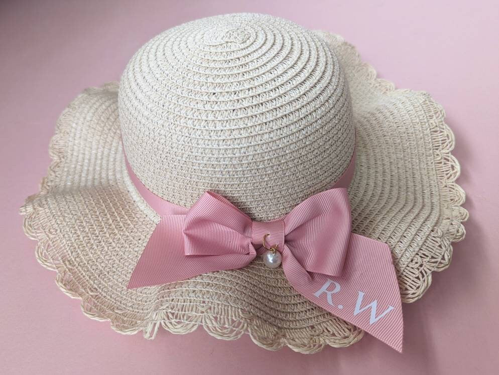 Personalised Girls Straw Sun Hat and Bag Set | Summer Kids Fashion | Age 2-6 | Monogramed Pink Ribbon Hat | Toddler/ Child Holiday Essential