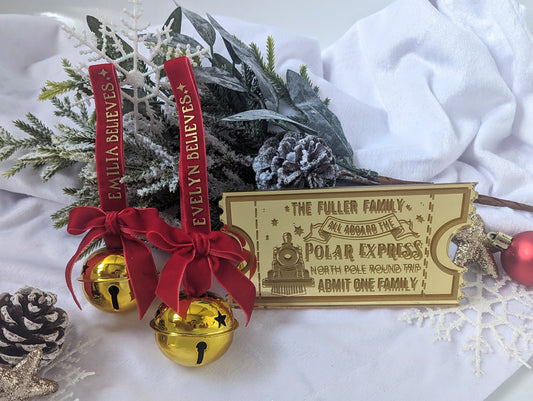 Personalised Polar Express Ticket and Believe Bell | Chistmas Trian | Kids Christmas Decoration | Personalised Tree Decoration, Jingle Bell