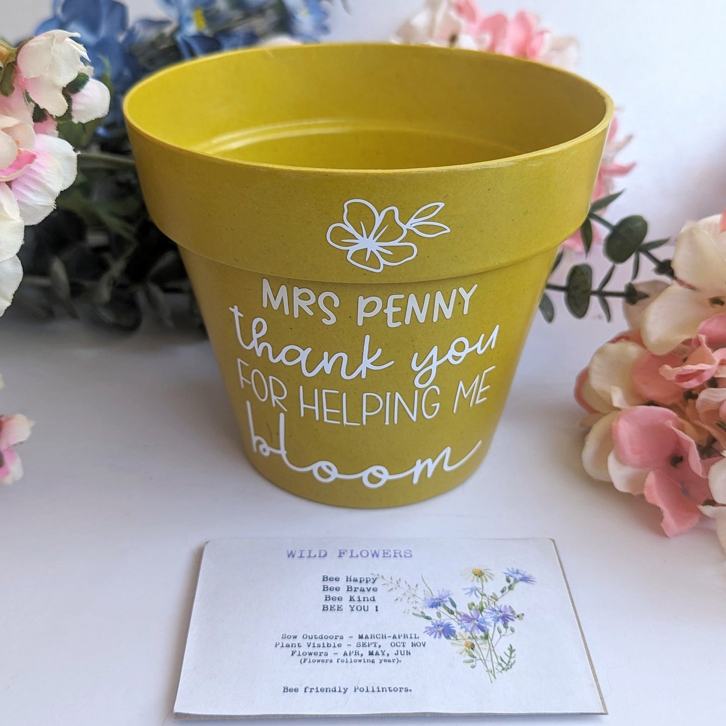 Personalised Teacher Gift - Wild Flower Planting Set | Thank You for Helping Me Grow / Bloom | Bamboo Fibre Plant Pot | Bee friendly |