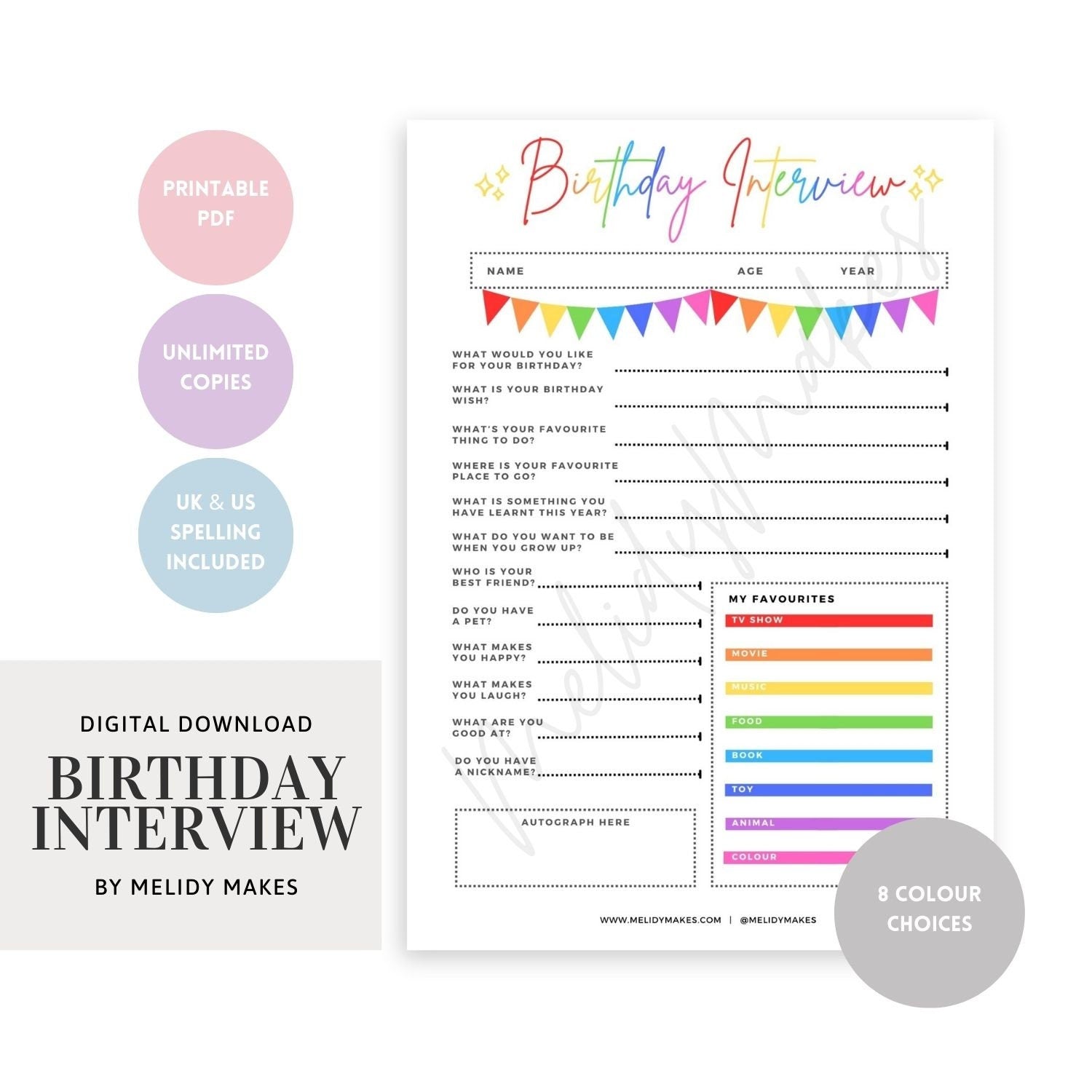 Kids Birthday Interview | Memory Keeping | Childs Birthday Printable | Classroom Teacher Printable | Digital Planner Page | Birthday Record