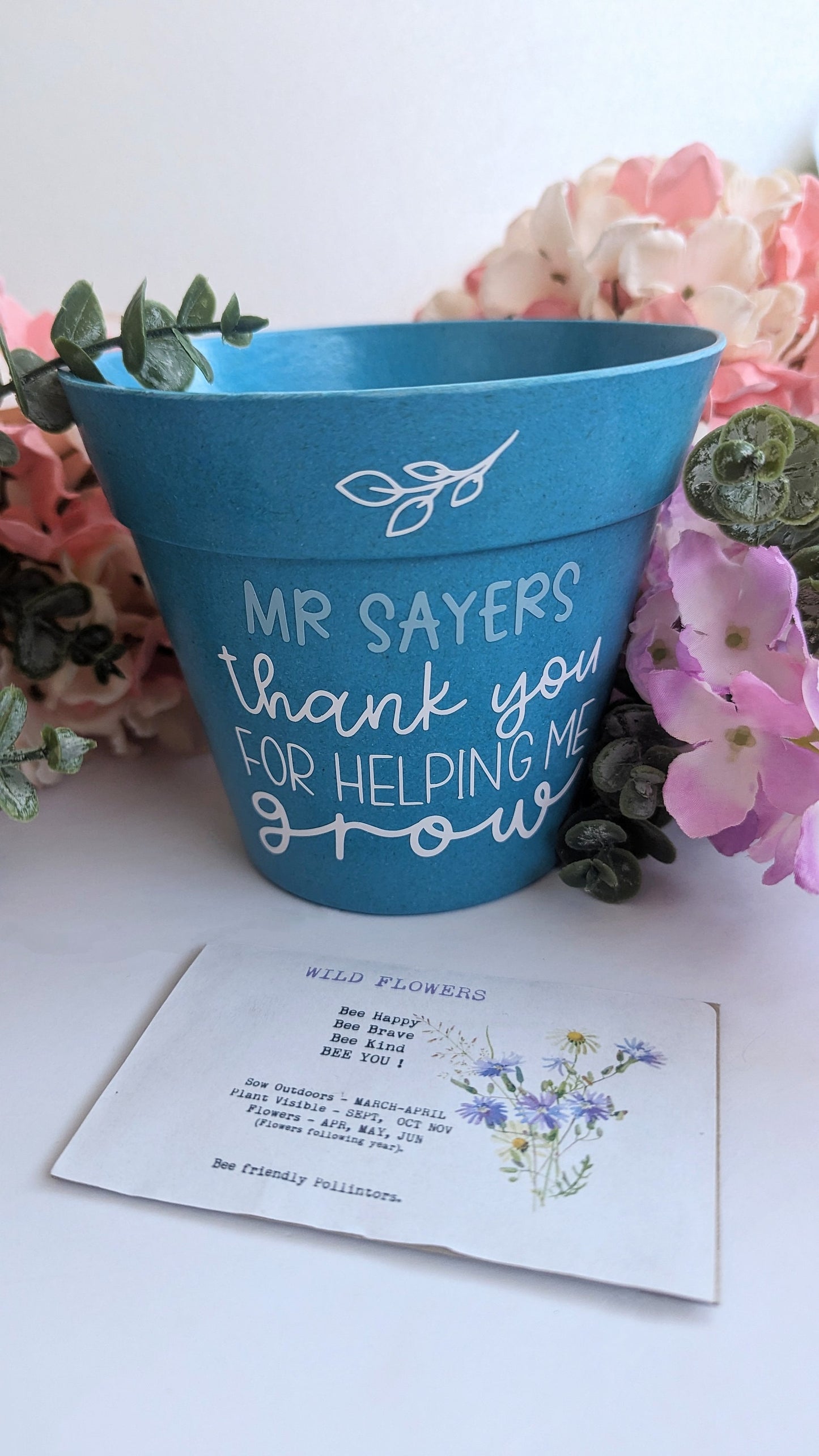 Personalised Teacher Gift - Wild Flower Planting Set | Thank You for Helping Me Grow / Bloom | Bamboo Fibre Plant Pot | Bee friendly |