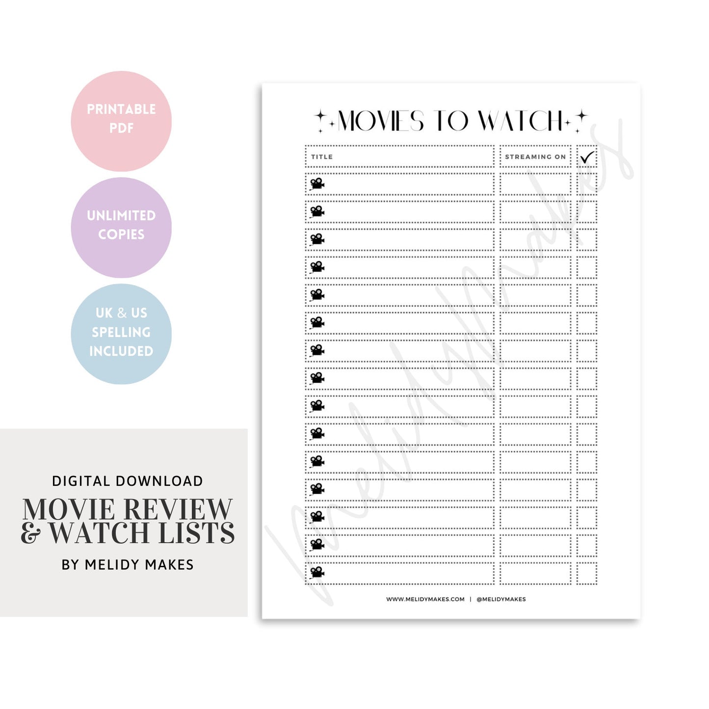 Movie Rewiew Printable | Watch List Printable Download | Digital Planning Page | Planner Page | Movie Lover Gift | Film Buff Gift