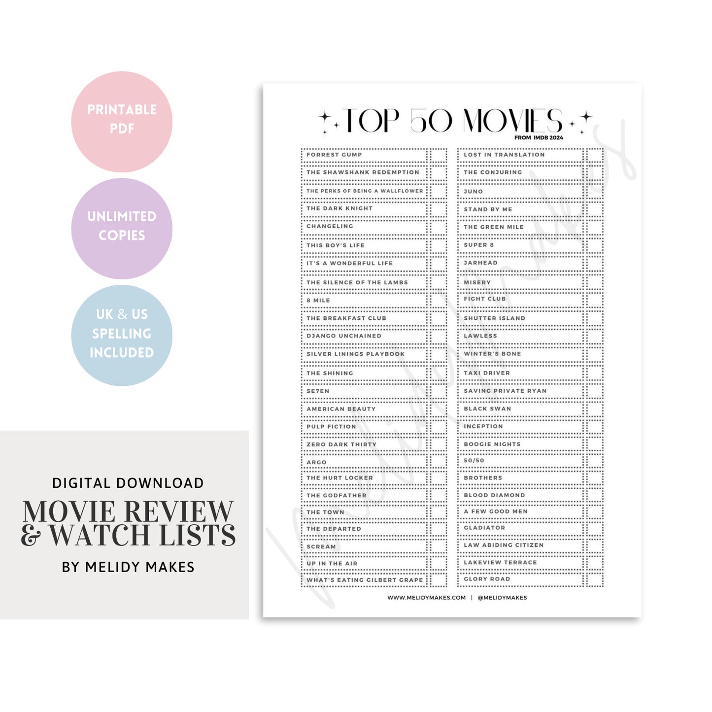 Movie Rewiew Printable | Watch List Printable Download | Digital Planning Page | Planner Page | Movie Lover Gift | Film Buff Gift