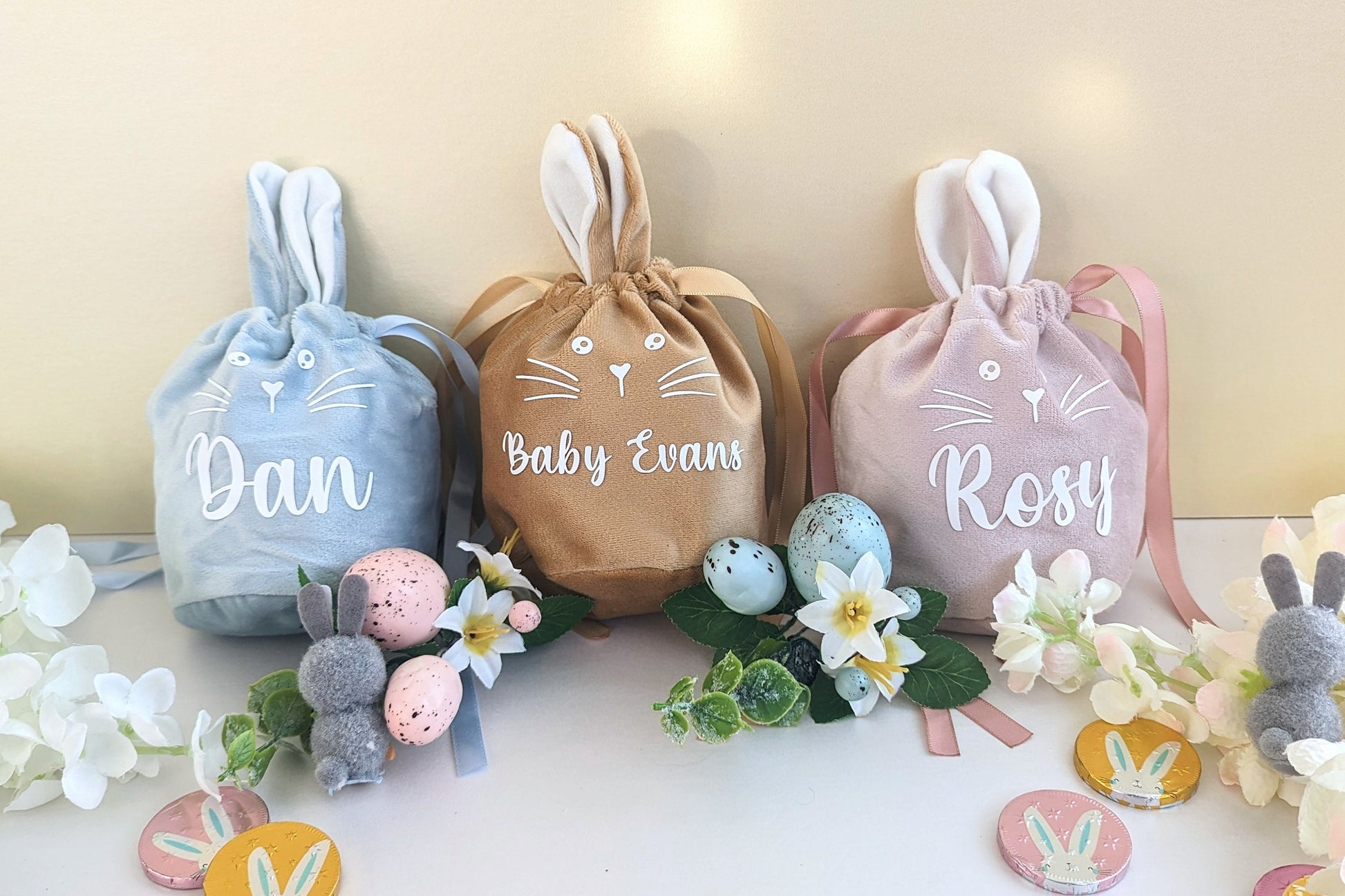 Personalised Easter Bunny Velvet Pouch | Choose from Pink, Blue or Tan | Easter Treat Bag | Kids Easter Gift | Chocolate Free Easter Gift