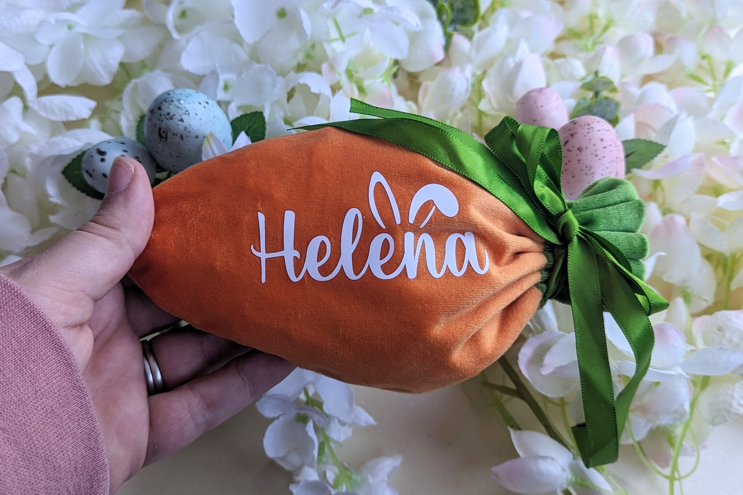 Personalised Easter Carrot Velvet Pouch | Easter Treat Bag | Kids Easter Gift | Chocolate Free Easter Gift | Easter Bunny Treat Bag