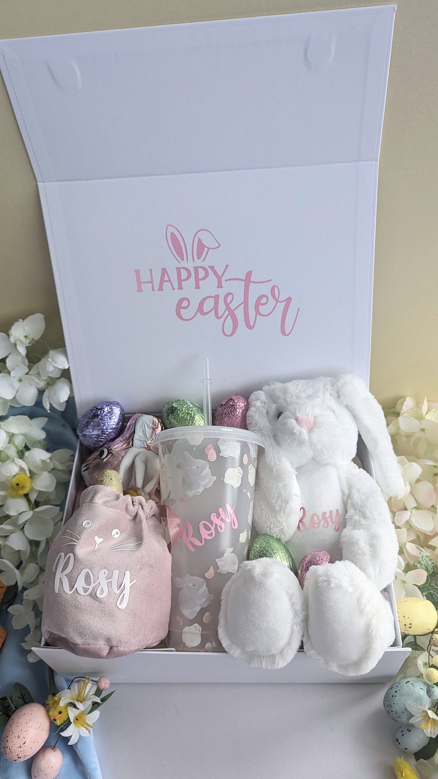 Personalised Easter Gift Box | Kids Easter Hamper Gift | Bunny Cuddly Toy | Easter Cold Cup | Bunny Bag Gift | Easter Egg Chocolate Box