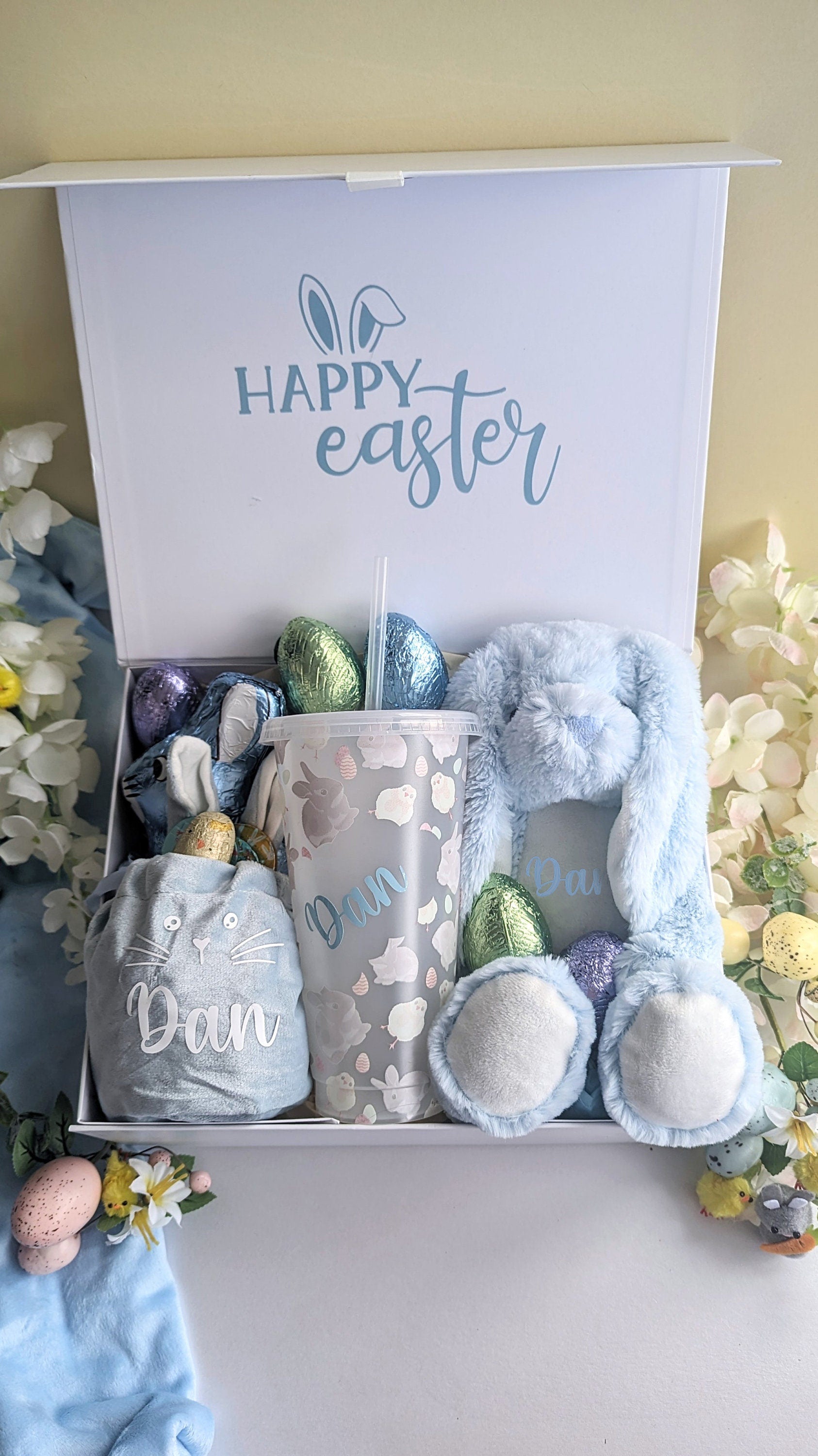 Personalised Easter Gift Box | Kids Easter Hamper Gift | Bunny Cuddly Toy | Easter Cold Cup | Bunny Bag Gift | Easter Egg Chocolate Box