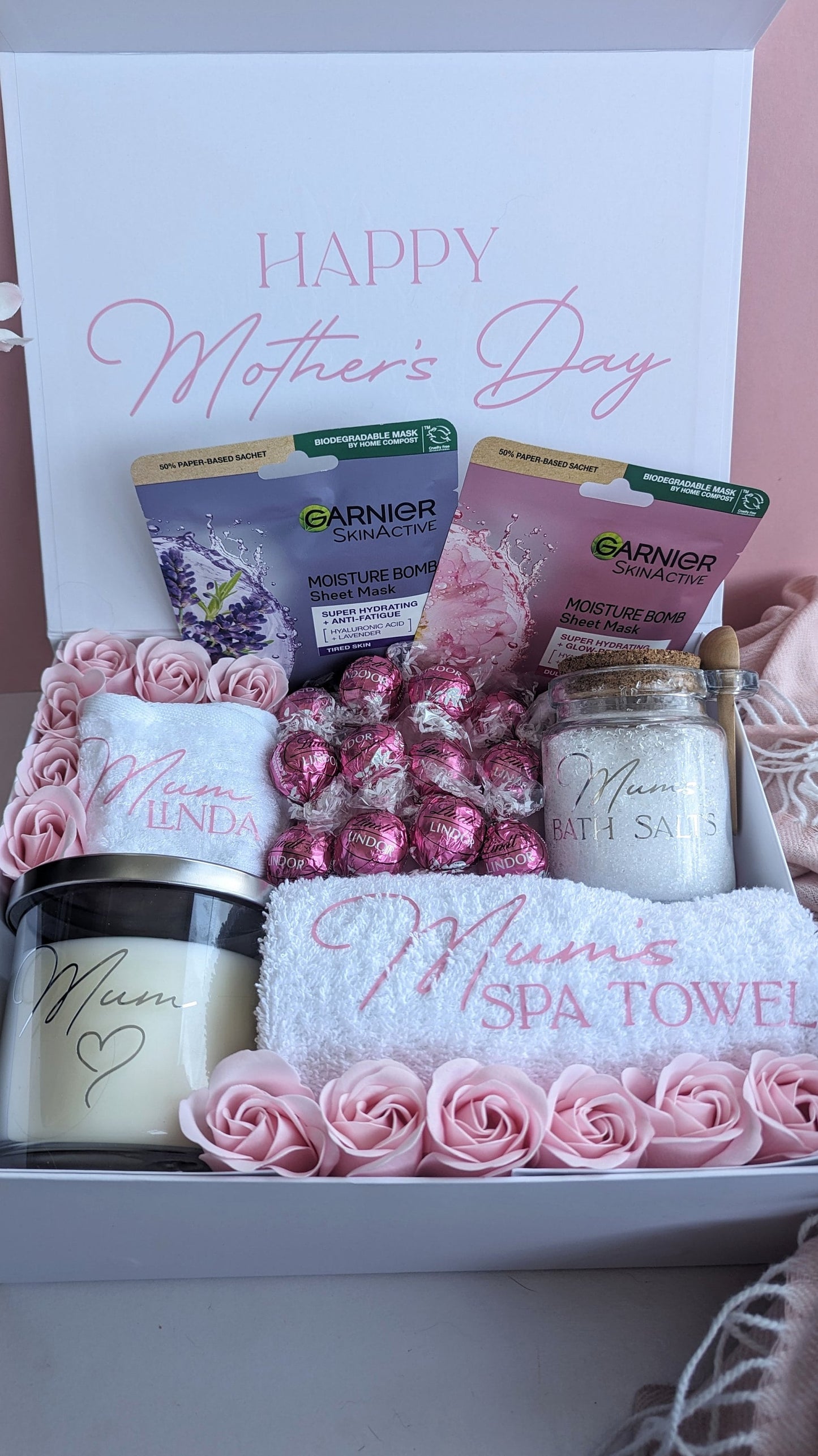 Personalised Mother's Day Spa Night Gift Box | Dozen Soap Roses | Mum Nan Mummy Present | Flowers & Chocolate | Facial Spa Hamper