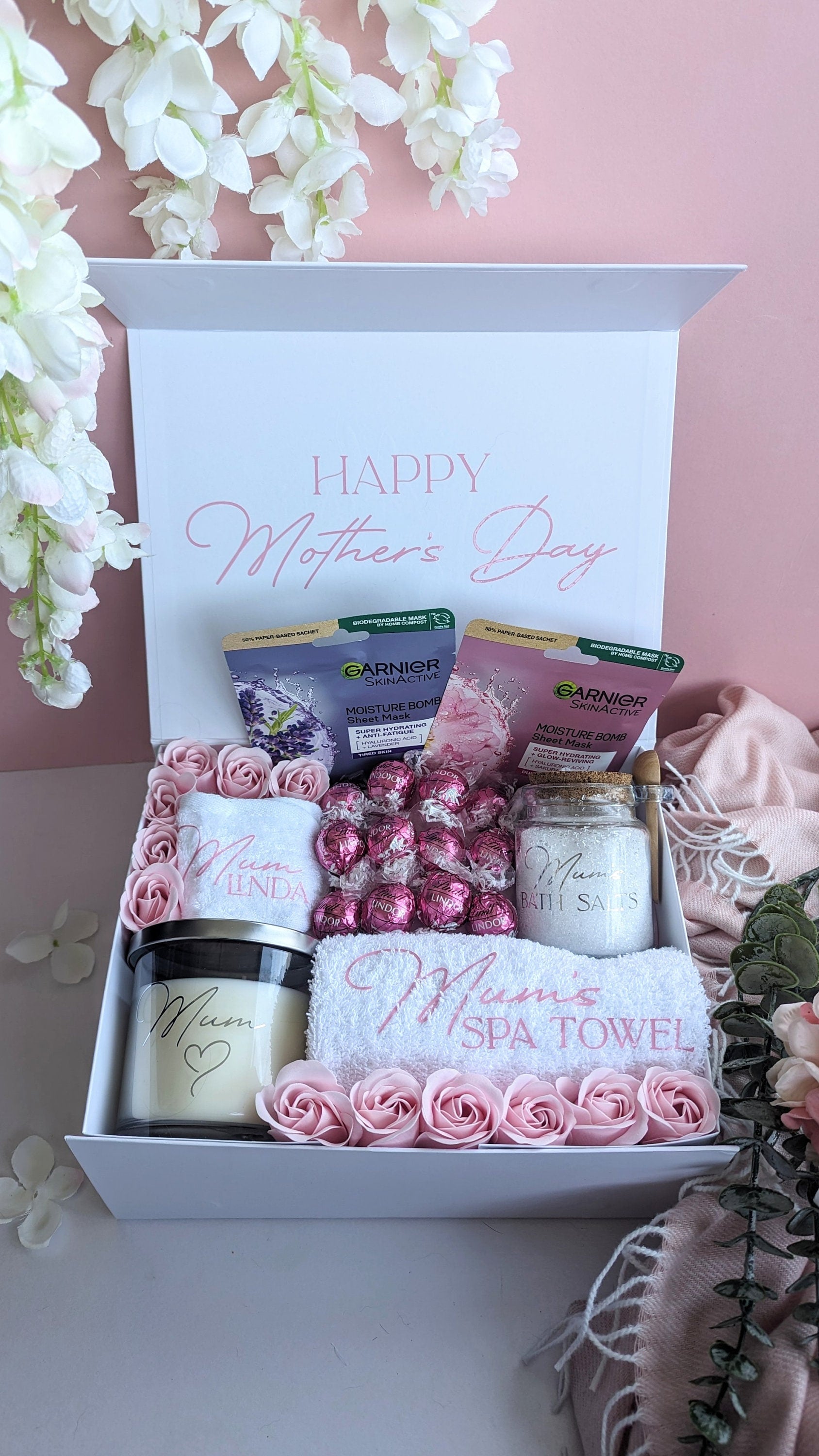 Personalised Mother's Day Spa Night Gift Box | Dozen Soap Roses | Mum Nan Mummy Present | Flowers & Chocolate | Facial Spa Hamper