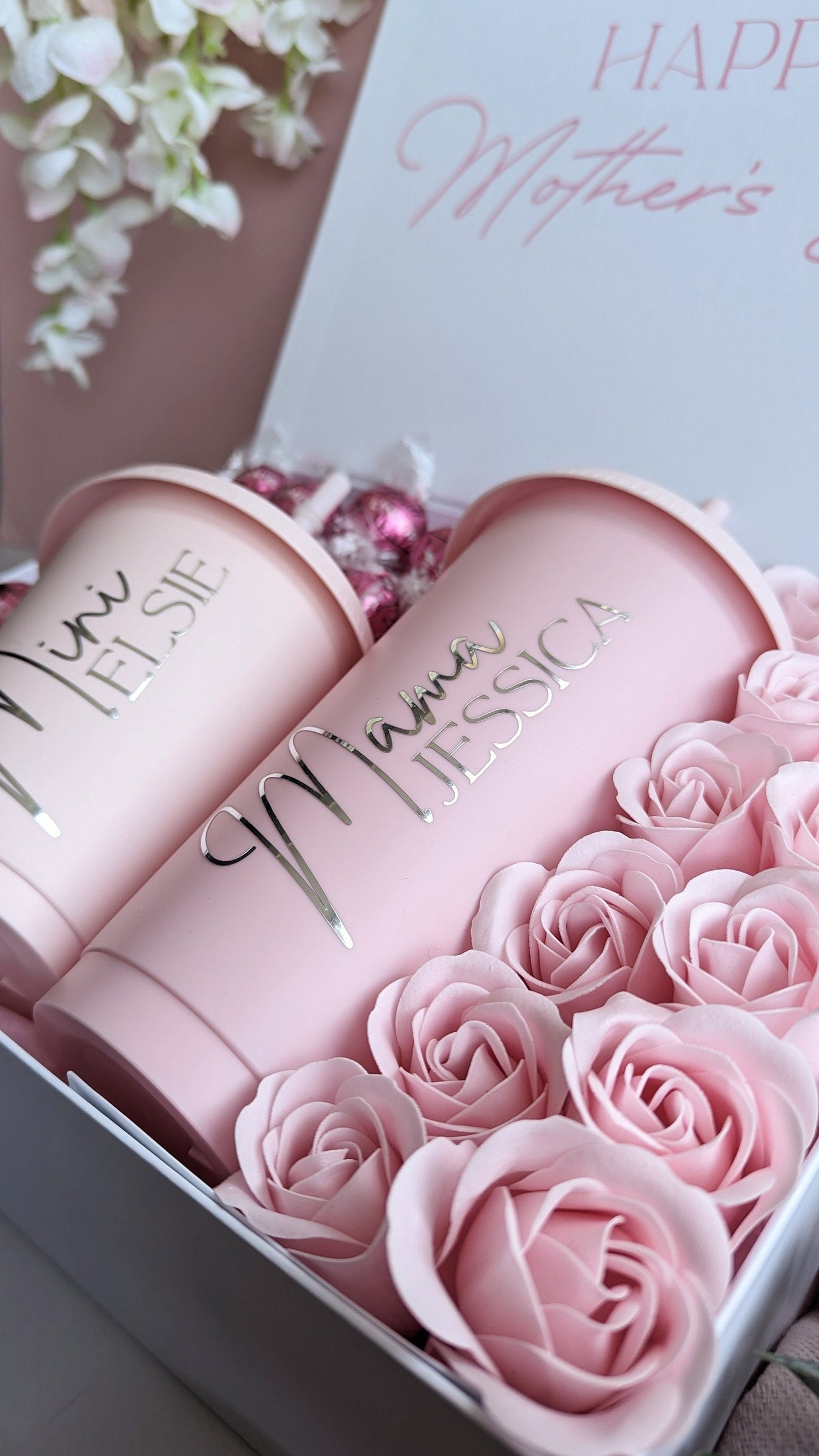 Personalised Mother's Day Gift Box | Mama and Mini Cold Cup Set | Mum Nan Mummy Hamper Present | Flowers & Chocolate | Mamma and Me Set