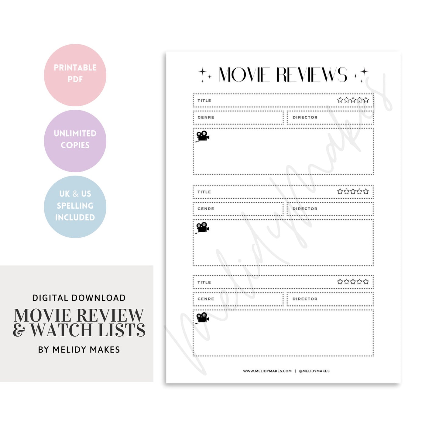 Movie Rewiew Printable | Watch List Printable Download | Digital Planning Page | Planner Page | Movie Lover Gift | Film Buff Gift