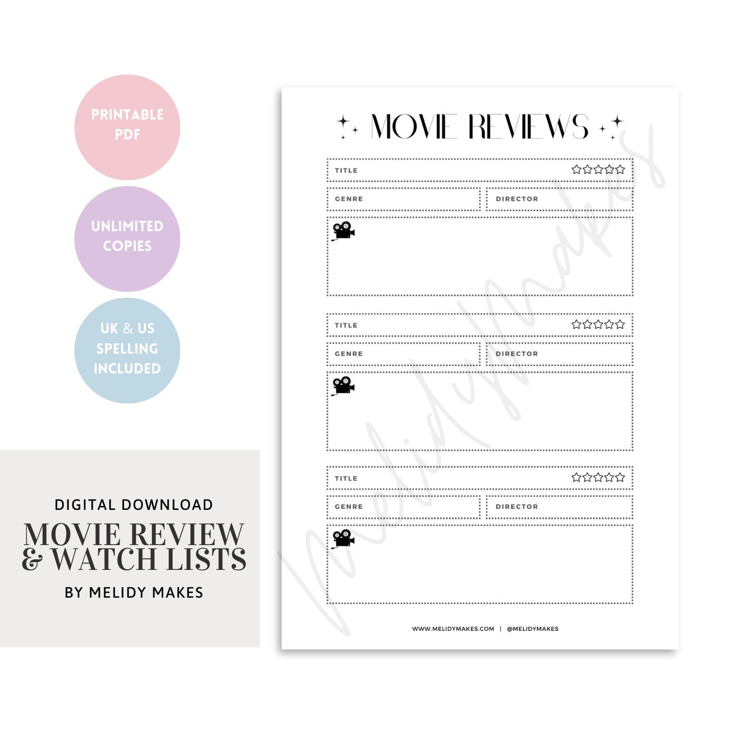 Movie Rewiew Printable | Watch List Printable Download | Digital Planning Page | Planner Page | Movie Lover Gift | Film Buff Gift